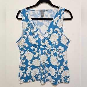 Ann Taylor Blue and White Floral Sleeveless Wrap Top